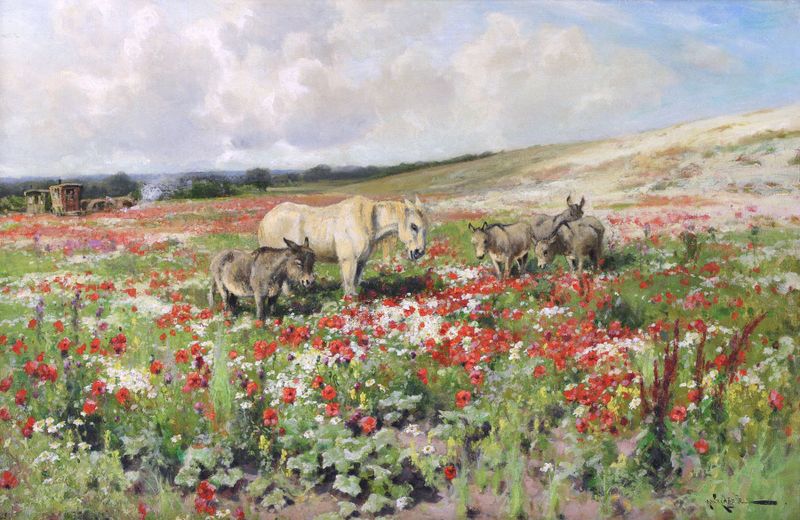 Un caballo y burros en un prado de verano con campamento gitano, óleo sobre lienzo de Arthur William Redgate.