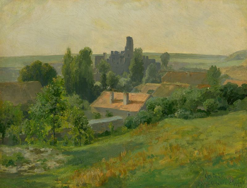 Okoř Castle de Ľudovít Čordák, óleo sobre lienzo que representa ruinas y naturaleza.