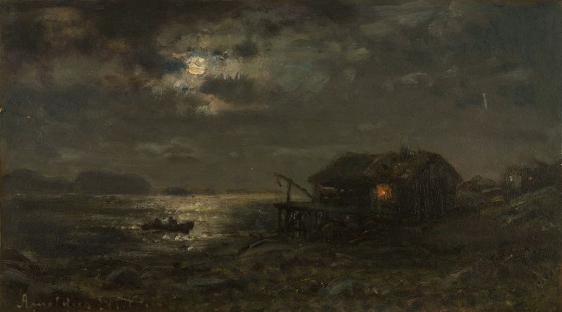 Måneskinn, Kinn de Amaldus Nielsen, óleo sobre tela que retrata uma paisagem tranquila iluminada pela lua
