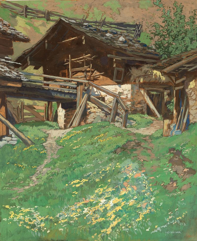 An Alpine lodge by Hugo Hodiener, oil painting depicting a wooden lodge amidst snow-covered mountains.