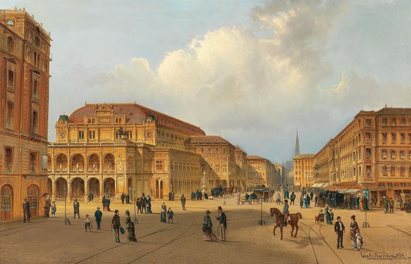 Vista de la Ópera Estatal de Viena, pintura al óleo de Karl Kaufmann, mostrando su gran arquitectura con luz dorada.