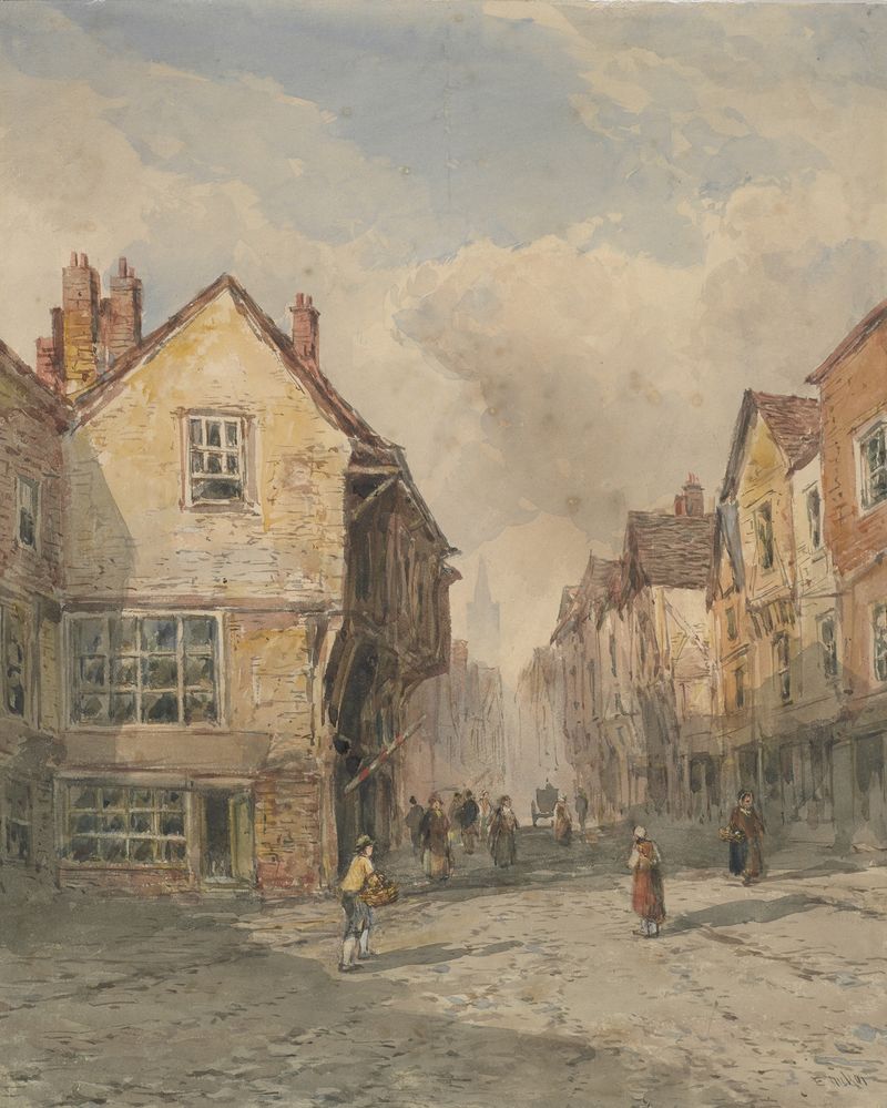 Old Street, Chester de Erskine Nicol, escena de género victoriana, que representa una estrecha calle adoquinada.