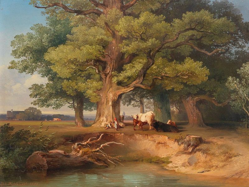 Landscape with Cows and Herders by Johann Fischbach, oil painting depicting cows and herders in a serene landscape.