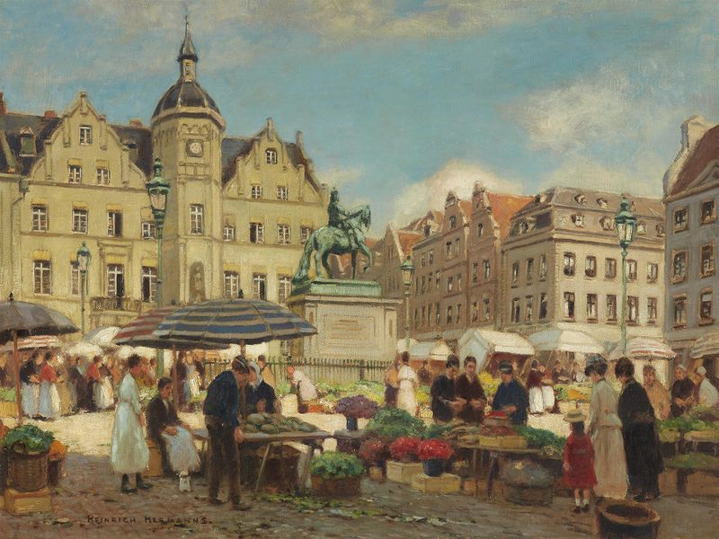 Genre scene of a market in Düsseldorf, oil painting by Heinrich Hermanns