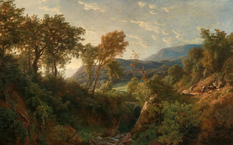 Landscape oil painting by Valentin Ruths featuring rolling hills and a muted sky.