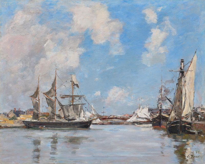 óleo sobre tela de Eugène Boudin retratando um cais com reflexos na água
