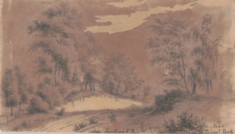 Pintura al óleo de Augustus Köllner que representa un ferrocarril cerca de un parque