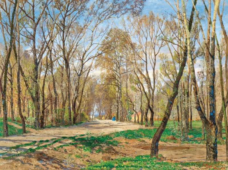 Prado ensolarado em Frühling, Aus dem Wiener Prater de Tina Blau, pintura a óleo