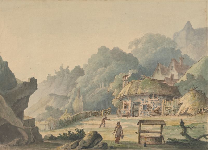 Cottage Scene de Thomas Greenwood, pintura al óleo que representa un paisaje rural tranquilo.