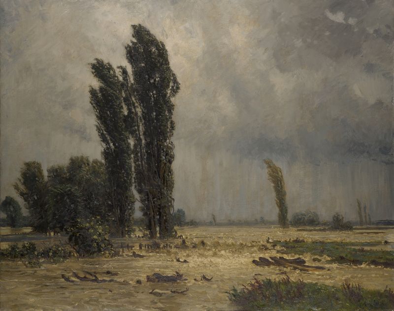 Flood de Adolf Stäbli, pintura al óleo que muestra aguas tumultuosas y cielos oscuros