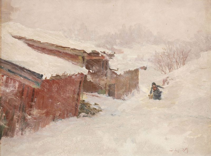 Drifting Snow de Jacob Gløersen, pintura al óleo que muestra colinas cubiertas de nieve