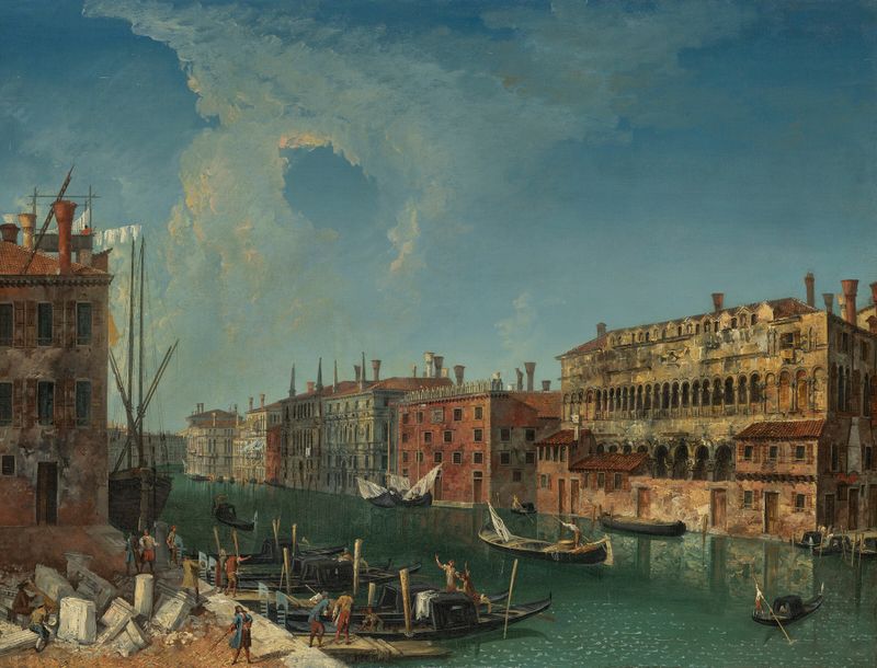 Rococo scene by Michele Marieschi, depicting a stonemason's yard on the Grand Canal, oil painting