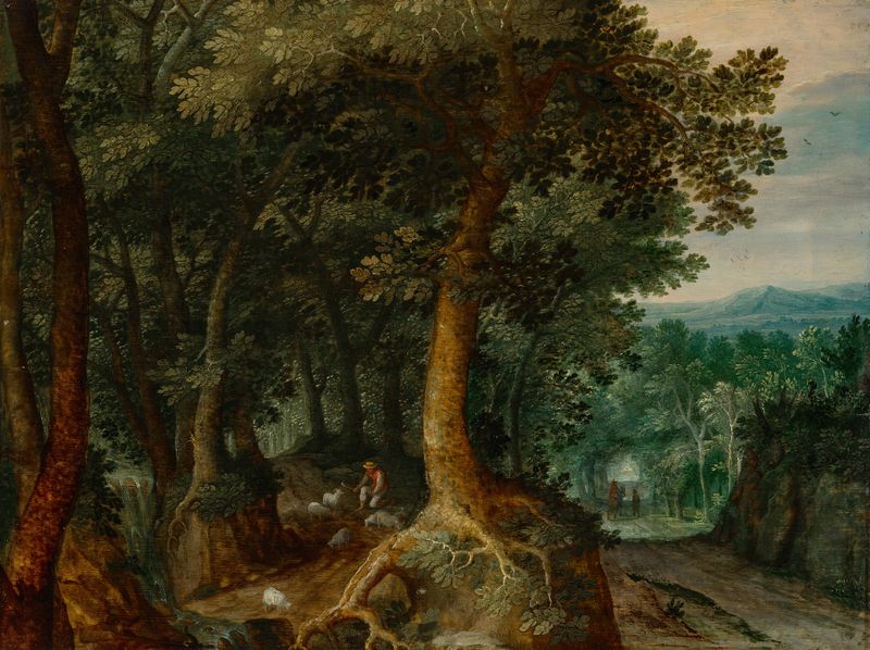 A shepherd in a wooded landscape by Gillis van Coninxloo, oil painting