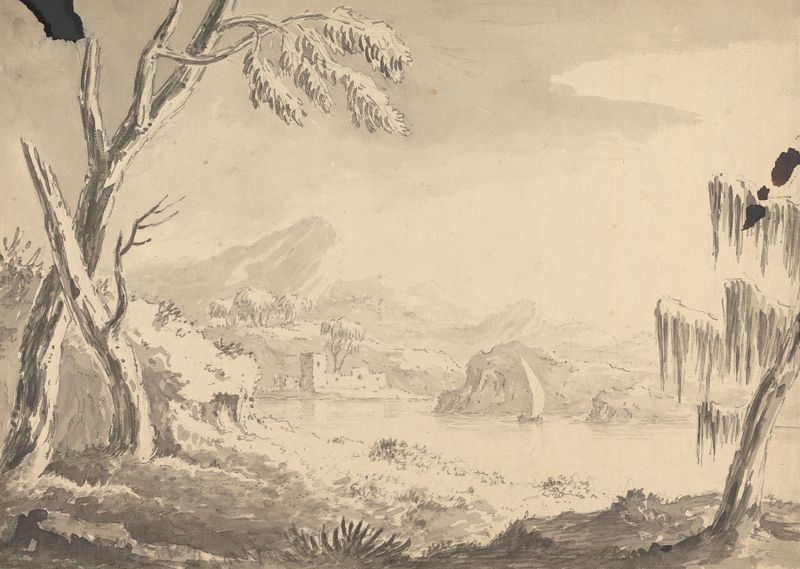 Paisagem com Castelo na Margem do Rio de William Gilpin, pintura a óleo que mostra um castelo ao lado de um rio.