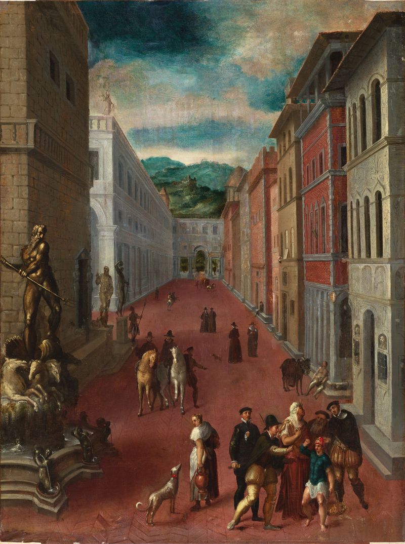 Imaginary View of Florence de Jan van der Straet, óleo sobre tela que retrata uma vibrante paisagem urbana