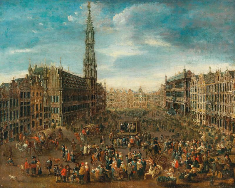 A market scene in Brussels, oil on canvas by Flemish School