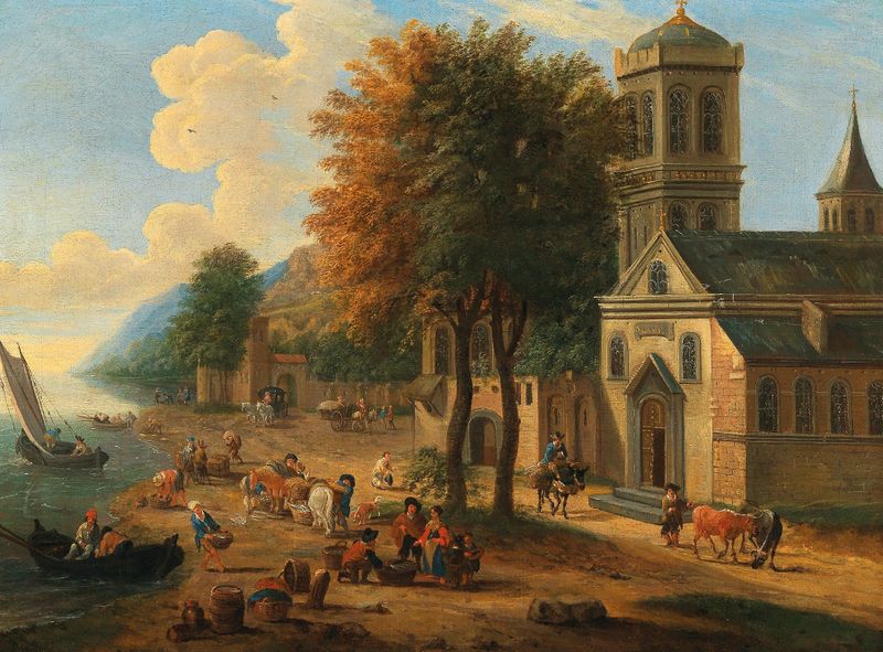 Coastal landscape with fishermen unloading their catch, oil painting by Mathys Schoevaerdts