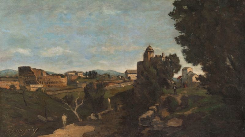 Le Colisée à Rome de Henri-Joseph Harpignies, óleo sobre tela, retratando ruínas antigas sob luz quente