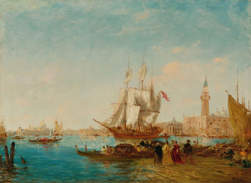 Escena histórica con figuras en un muelle, óleo sobre lienzo de Félix Ziem