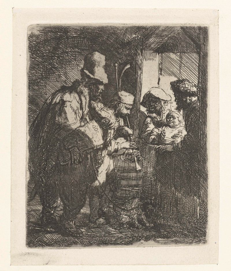 Gravura de Rembrandt van Rijn representando músicos em trajes vibrantes.