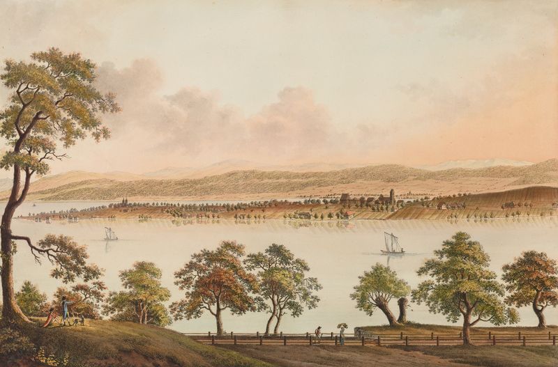 Grabado de Johann Heinrich Bleuler que representa un paisaje sereno con árboles y agua.