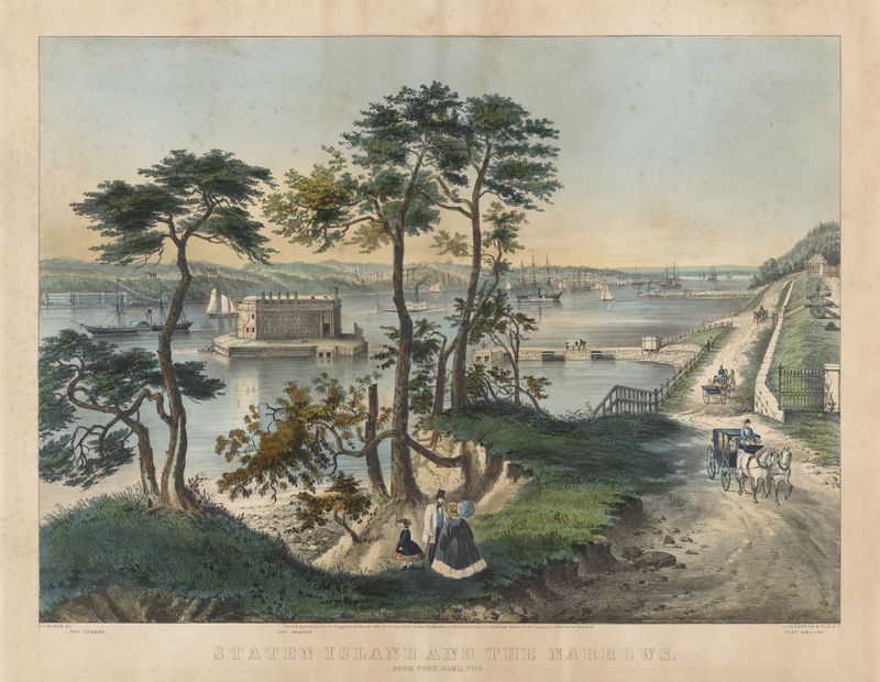 Litografía de Currier & Ives que representa el paisaje de Staten Island y los Narrows