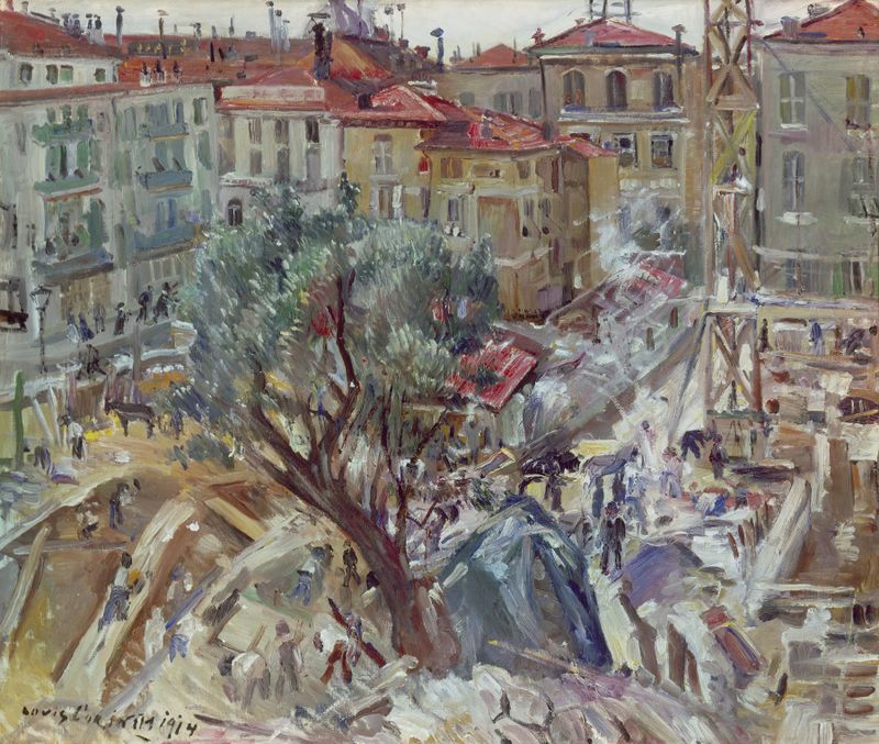 Pintura al óleo de Lovis Corinth que muestra un edificio moderno en Mónaco con reflejos vibrantes.