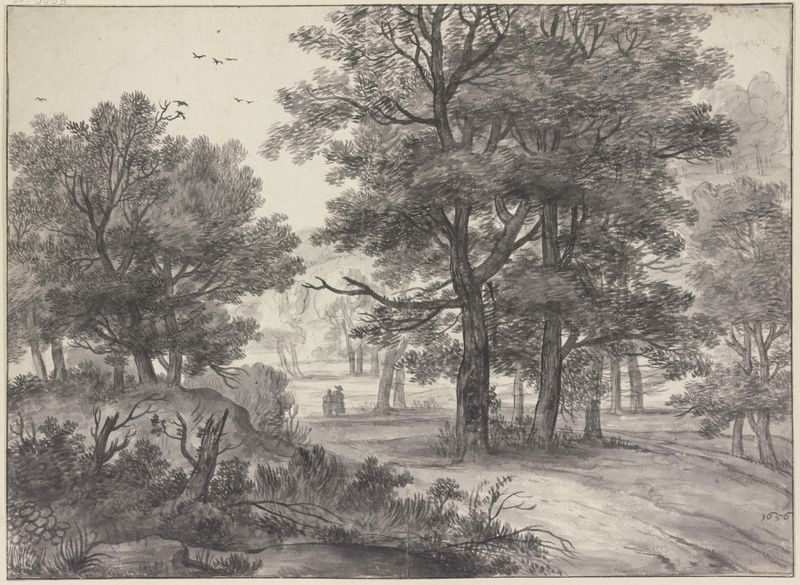 Waldpartie by Roelant Roghman, oil on canvas depicting figures on a path with ravens.