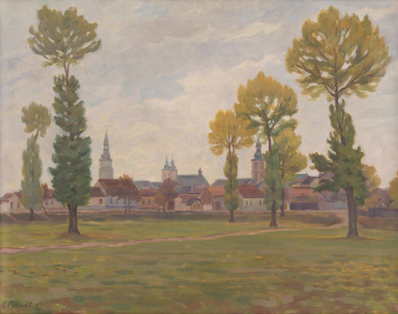 Trnava in Autumn by Štefan Polkoráb, oil on canvas depicting autumn trees and leaves.