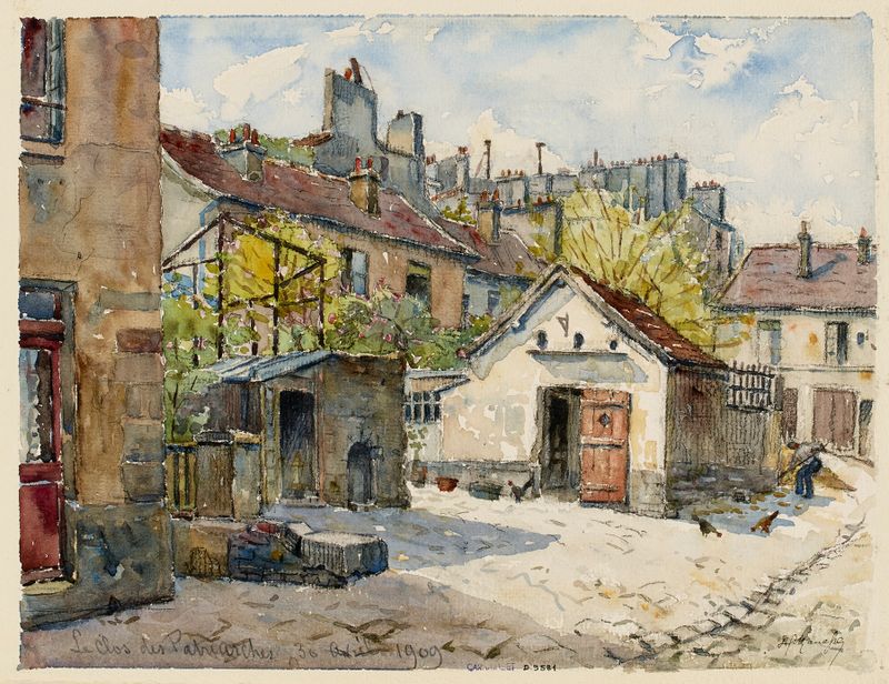 Pintura a óleo de paisagem de Georges-Henri Manesse com luz do sol entre as árvores.