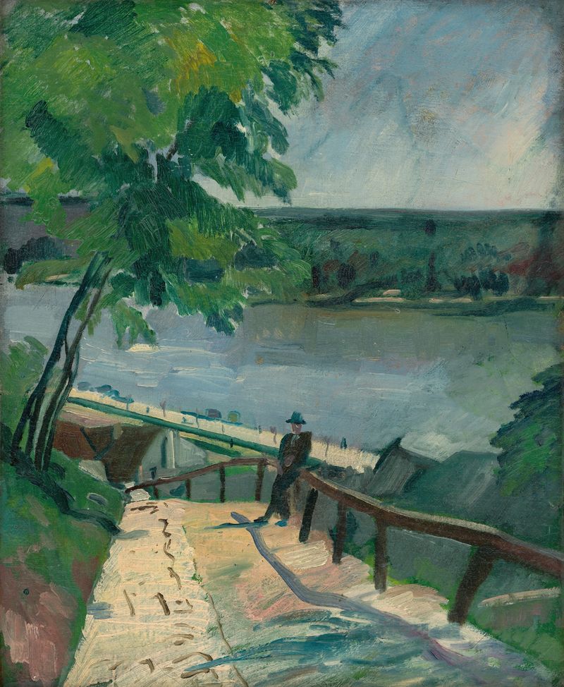 Paisagem de Július Schubert, óleo sobre tela, retratando um rio tranquilo ao entardecer.