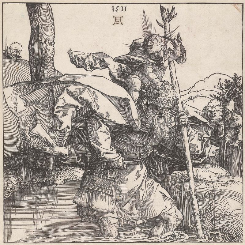 Grabado de Albrecht Dürer de San Cristóbal sosteniendo al Niño Jesús.
