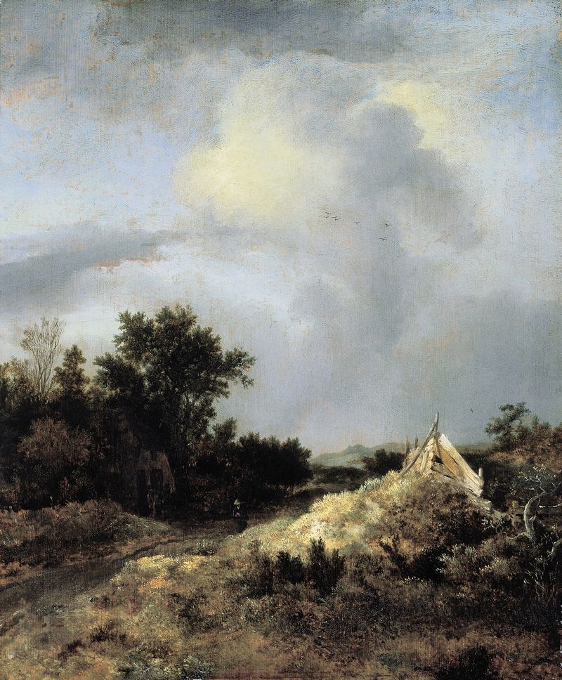 Dune Landscape with Fence de Jacob van Ruisdael, óleo que muestra dunas y una cerca.