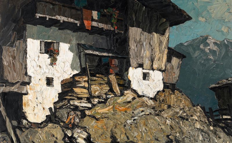 Bergbauernhof by Oskar Mulley, oil on canvas, depicting a rustic farmhouse in a natural landscape