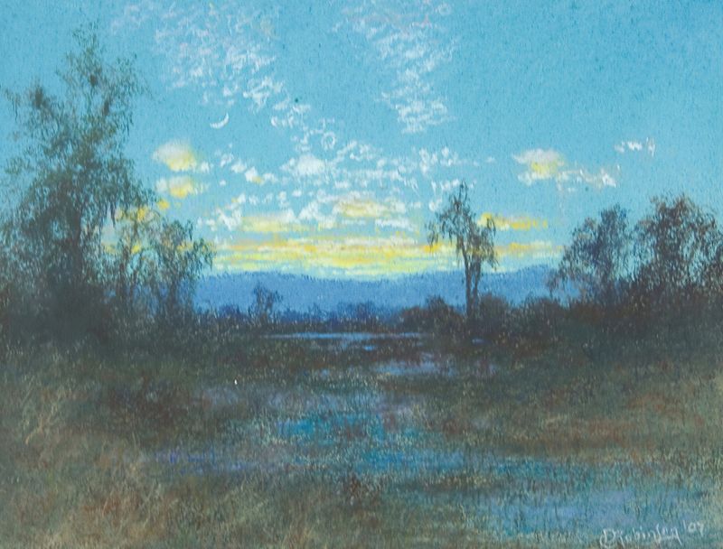 Sinking Sun by Charles Dorman Robinson, oil painting depicting a sunset with amber and deep blue hues.