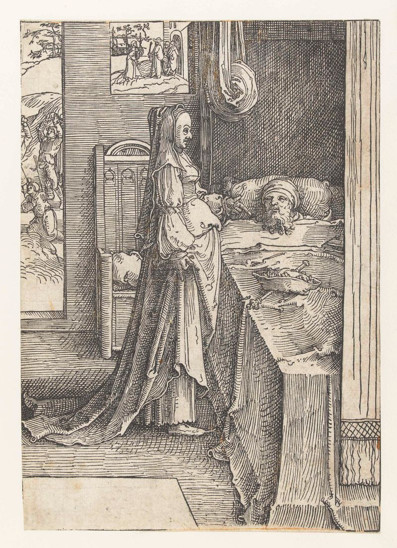 Gravura de Lucas van Leyden mostrando Jezabel e o rei Acabe em uma cena dramática