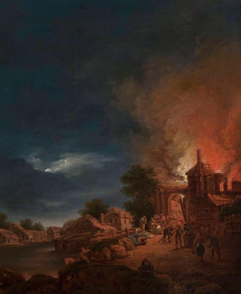 Landscape depicting a town on fire in summer by Kazimierz Żwan, oil painting.