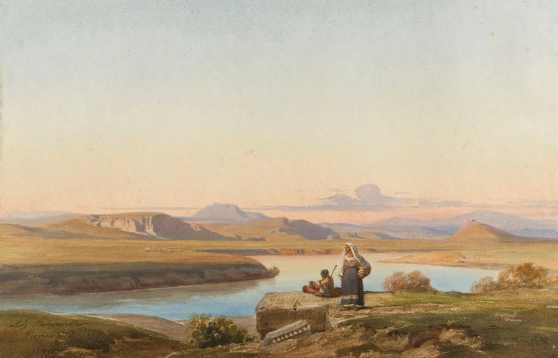 Romanticism landscape by Jean-Achille Benouville, depicting lush greenery and golden hills.