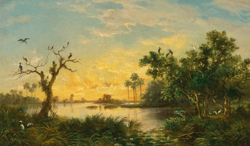 Impressionist oil painting by Esteban Chartrand depicting a lagoon at twilight with vibrant colors.