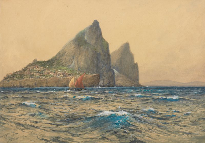 Oil painting by Hans Bohrdt depicting a ship navigating the sea under a vast sky.