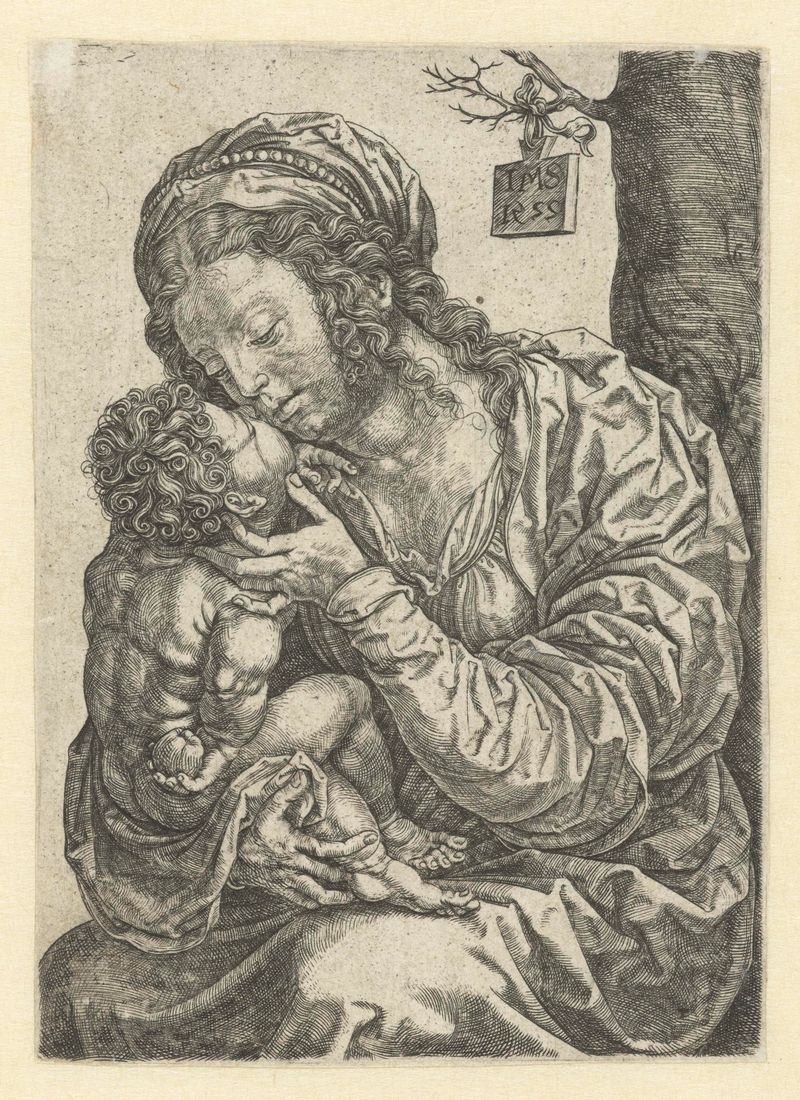 Engraving by Jan Gossart depicting Madonna with child, showcasing tenderness and light.