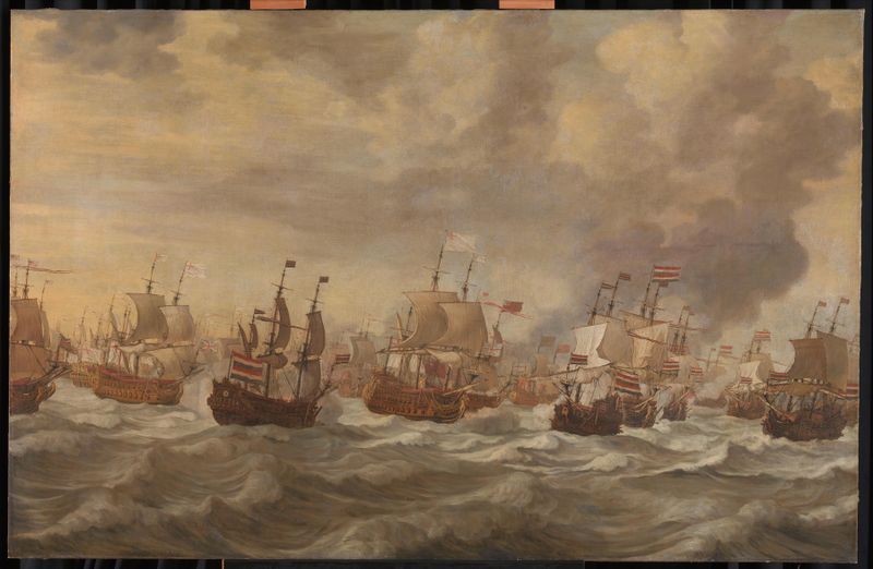 Cena de batalha naval com navios e fogo de canhão de Willem van de Velde, pintura a óleo