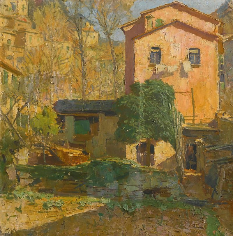 Paisagem na Riviera Ligure, Itália de Carl Moll, óleo sobre tela mostrando colinas e céu.