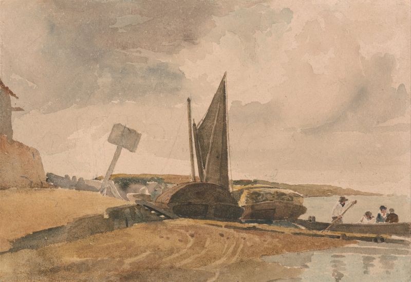 Low Tide, boat landing by Peter DeWint, watercolor on paper depicting a seashore at low tide.