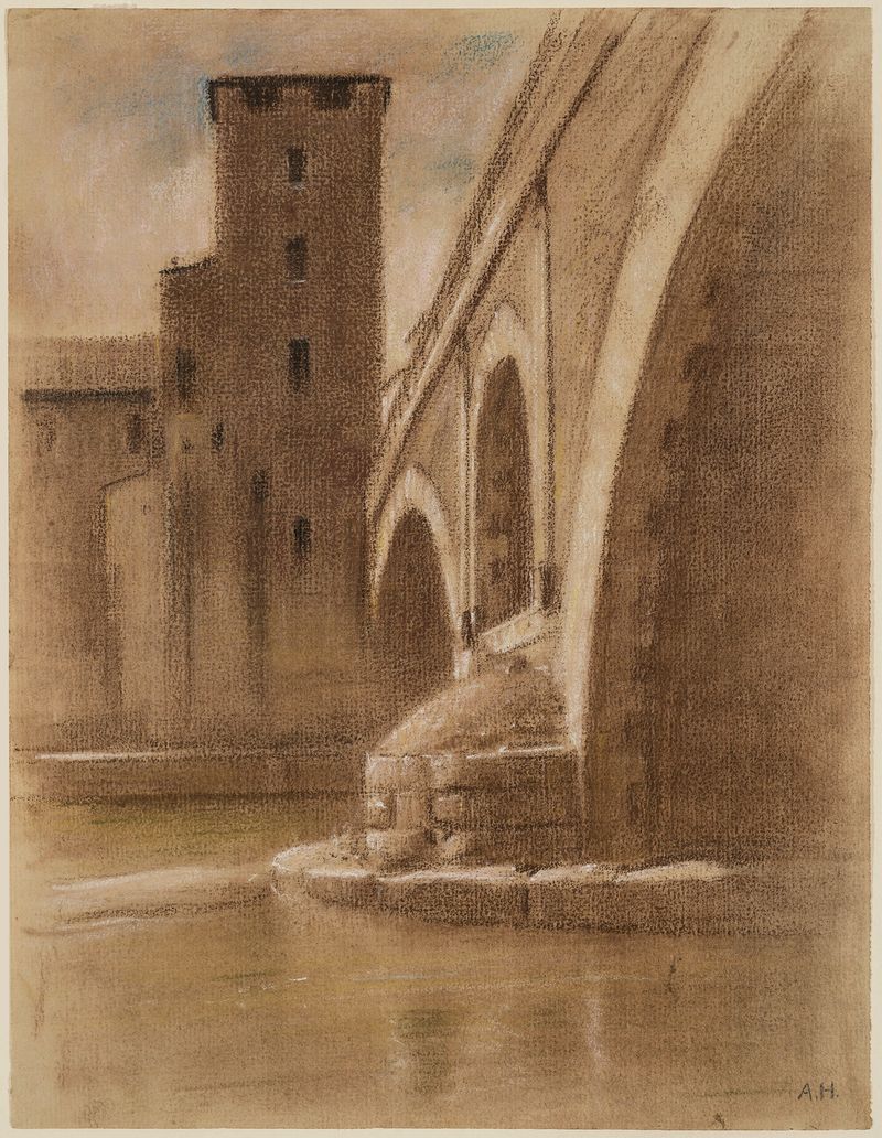 Die Ponte dei Quattro Capi in Rom, oil on canvas by Adolf Hirémy-Hirschl, featuring a bridge over a river at sunset.