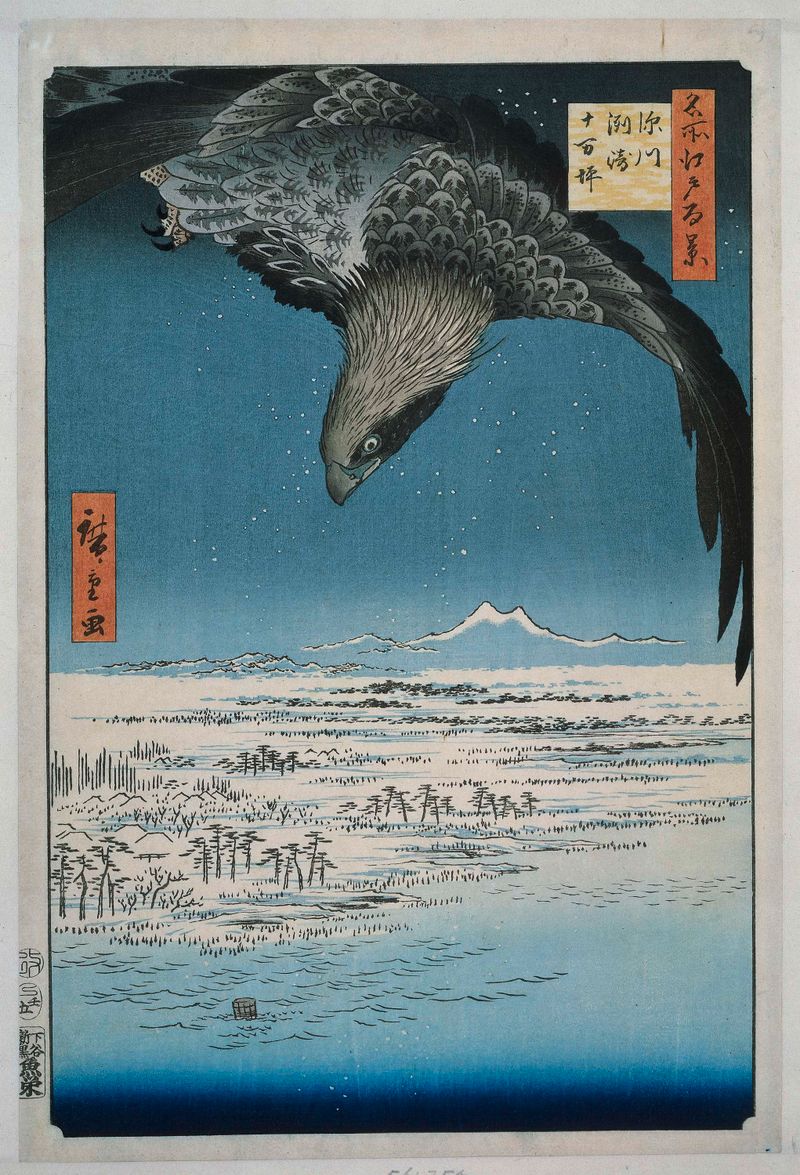 Ukiyo-e by Hiroshige depicting a serene landscape with a river and mountains