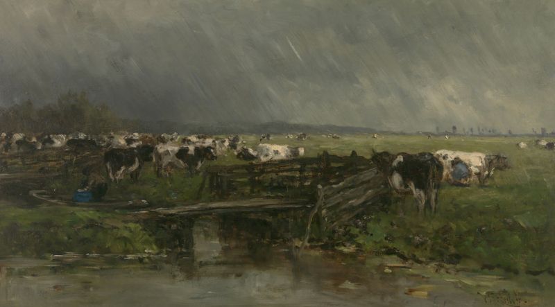 Tranquil landscape with fields and soft shadows, oil on canvas by Willem Roelofs