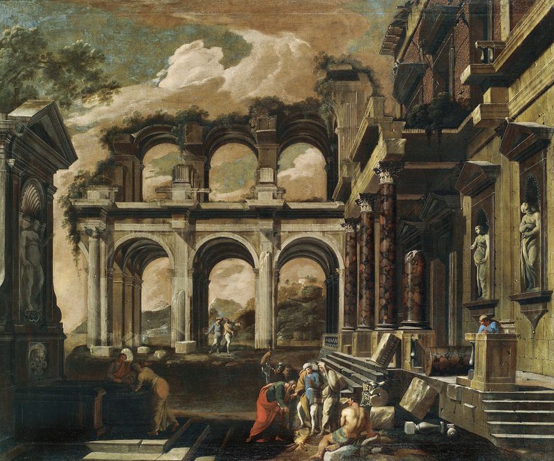 A Capriccio of the Internal Courtyard of a Ruined Palace, oil on canvas by Viviano Codazzi