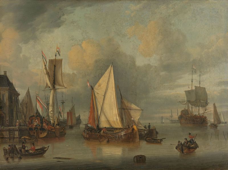 Escena marina con barcos en el puerto de Jan Claesz. Rietschoof, pintura al óleo