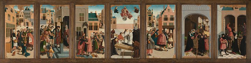 As Sete Obras de Misericórdia, óleo sobre painel de Master of Alkmaar, retratando caridade em um ambiente urbano holandês.